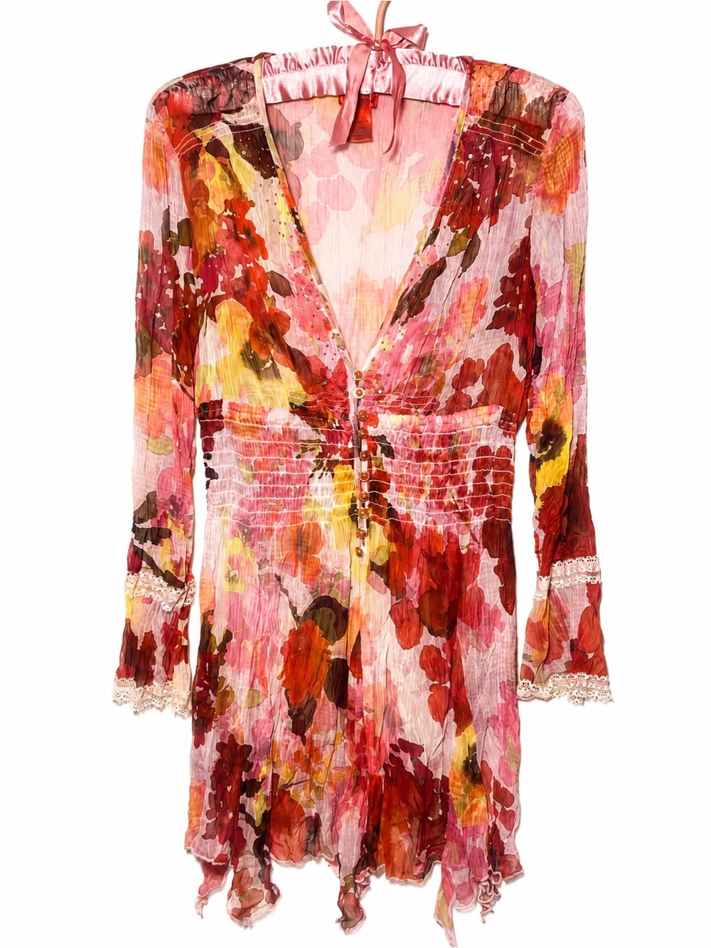 Y2K V Christina Watercolor Floral Sheer V-Neck Tunic in Pink & Red